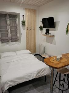 um quarto com uma cama, uma mesa e uma televisão em Studio cosy proche du centre-ville em Paray-le-Monial