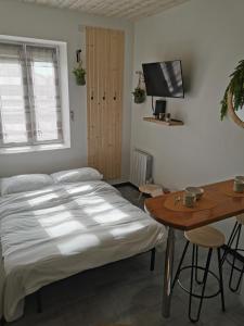 um quarto com uma cama, uma mesa e uma televisão em Studio cosy proche du centre-ville em Paray-le-Monial