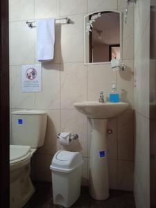 ein Badezimmer mit einem Waschbecken, einem WC und einem Spiegel in der Unterkunft Habitaciones C&S Bogotá in Bogotá