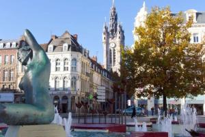 een fontein in een stad met een standbeeld van een vrouw bij L'Appartement Vert in Douai