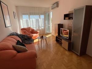 een woonkamer met een bank en een tv bij City Garden Apartment in Plovdiv