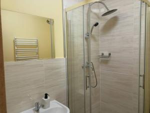 W łazience znajduje się prysznic, umywalka i prysznic. w obiekcie Pokoje Mira w mieście Torzym