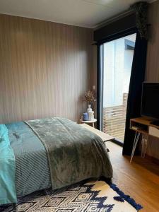 een slaapkamer met een bed, een televisie en een raam bij Le Lodge in Belin-Beliet