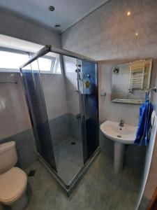 a bathroom with a shower and a toilet and a sink at Garni Guesthouse in Garni