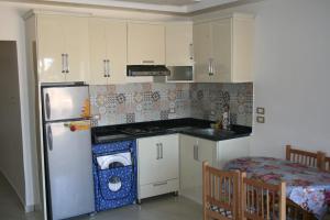 uma cozinha com um frigorífico e um fogão forno superior em Maamoura Beach 2 em Alexandria