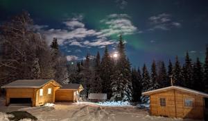 une cabane en rondins dans la neige la nuit dans l'établissement Lapland Snow Cabin, à Masugnsbyn