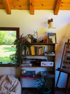Habitación con estantería con libros y ventana en DAT "Lo de Bianca" en San Carlos de Bariloche