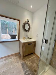 La salle de bains est pourvue d'un lavabo, d'un miroir et d'une douche. dans l'établissement La Source, à Rustrel