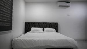 um quarto com uma cama grande e 2 almofadas em Charming & Cozy 1-BDR Apt - Mini Flat - 247 Power, Kitchen, Wi-Fi, DSTV, Netflix, 5 mins from the Airports em Ikeja