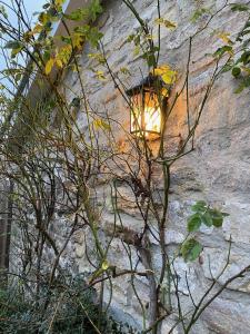 uma luz no lado de uma parede de pedra em Norburton Hall Cottages em Bridport