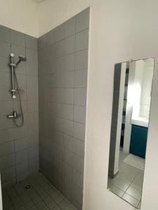 a bathroom with a shower and a mirror at Hébergement tout équipé et surveillance H24 in Koungou