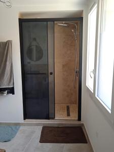 una doccia con porta in vetro in bagno di Virginie Location Provence a Valensole