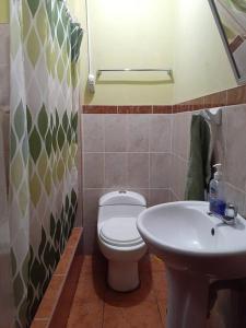 ein Badezimmer mit einer weißen Toilette und einem Waschbecken in der Unterkunft Departamento 6p Tierra del Sol Eterno - Ica centro in Ica