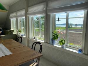 a dining room with windows and a wooden table with chairs at Newly built apartment next door to the sheep in Norrfjärden