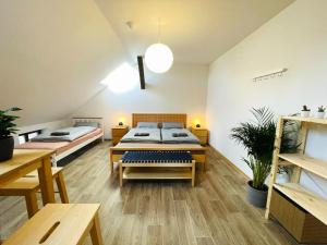a large room with two beds and a table at (PLANT ROOM 5) Mit Familie oder auch mit Freunde in Halle an der Saale