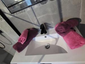 馬洛塞納的住宿－Porticus saunarie，浴室内水槽上的一对手套