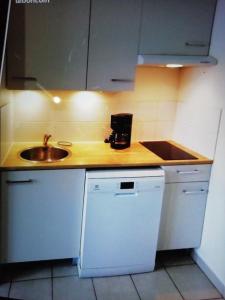 Una pequeña cocina con fregadero y encimera. en Bel appartement avec jardin à 50m des plages du debarquement, en Bernières-sur-Mer