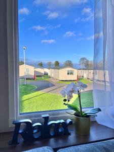 uma janela com uma planta e um sinal que lê autismo em Lovely 3 bedroom holiday home in Seton Sand caravan park Wi-Fi Xbox em Edimburgo