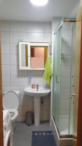 a bathroom with a toilet and a sink and a shower at Apartman MM012 in Požarevac +6 photos