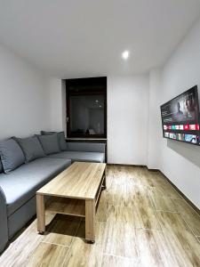 a living room with a couch and a coffee table at Ganze Wohnung Wiesbaden Stadtmitte 2 Zimmer Küche Bad mieten in Wiesbaden