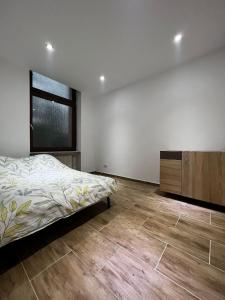 een slaapkamer met een bed en een groot raam bij Ganze Wohnung Wiesbaden Stadtmitte 2 Zimmer Küche Bad mieten in Wiesbaden