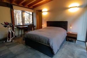 1 dormitorio con cama, escritorio y ventana en Casa William en el bosque, en Valle de Bravo