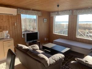 sala de estar con sofá, TV y 2 ventanas en Holiday home NORDMALING en Nordmaling