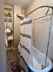 a bathroom with a shower with a shower curtain at Cozy cottage in the heart of the big city- dog friendly in Billings