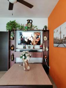 a living room with a television and a table with flowers at Casa Adhita, tú confort es nuestra prioridad. in Yautepec