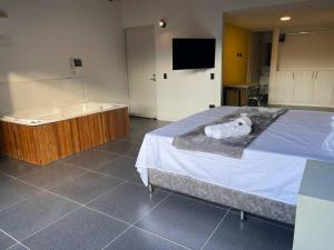 a bedroom with a bed and a tub and a television at Hermoso loft con jacuzzi y balcon in Envigado