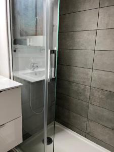 uma casa de banho com um chuveiro e um lavatório. em Appartement en station de ski em Porté-Puymorens
