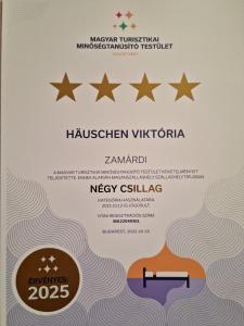 Certifikát, ocenenie alebo iný dokument vystavený v ubytovaní Häuschen Viktória