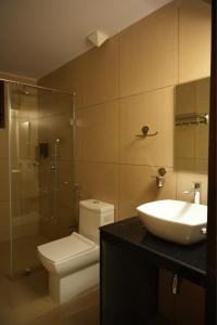 a bathroom with a sink and a toilet and a shower at Shri Mahamaya in Panaji