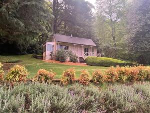 uma pequena casa rosa no meio de um jardim em The Mountain View Cottage em The Patch