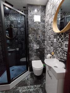 een badkamer met een douche, een toilet en een wastafel bij Ropienka Ski in Ustrzyki Dolne