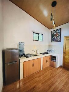 eine Küche mit einem Kühlschrank aus Edelstahl und Holzschränken in der Unterkunft CASA NOIL, Beautiful Eco House near the beach! in Puerto Viejo
