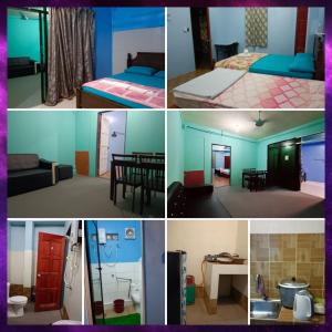 quatro fotografias de um quarto com uma cama e uma sala de jantar em Homestay Koperasi Surau Alfalah em Semporna