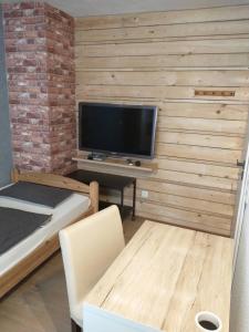 a room with a wooden wall with a flat screen tv at Chill Out 1 in Sulzbach am Main