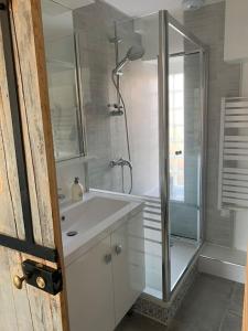 een witte badkamer met een douche en een wastafel bij Appartement Duplex a 10 min de Disney in Coupvray