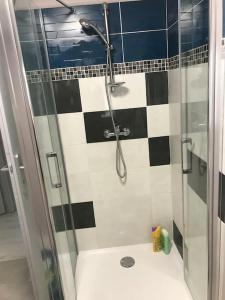 a bathroom with a shower with a glass door at Maison chaleureuse au centre ville in Nérac