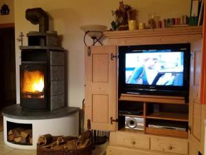 ein Wohnzimmer mit einem TV und einem Kamin in der Unterkunft Berghaus Julia in Sankt Englmar