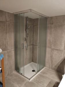 La salle de bains est pourvue d'une douche avec une porte en verre. dans l'établissement residenza San Martino, à Naples