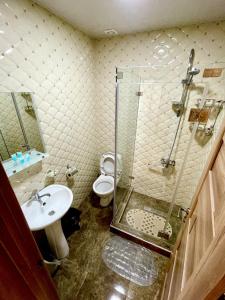 een badkamer met een douche, een toilet en een wastafel bij Central City in Koetaisi