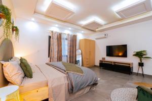 Schlafzimmer mit einem Bett und einem Flachbild-TV in der Unterkunft Lighthouse Signature Suites in Dakar