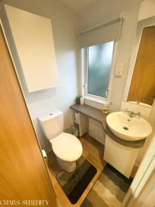 a bathroom with a toilet and a sink at Lovely Holiday Home at Lyons Caravan Park! in Prestatyn