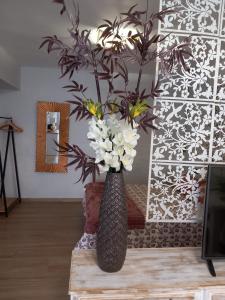 eine Vase mit Blumen auf einem Tisch in einem Zimmer in der Unterkunft Suite con Jacuzzi de la Haya, junto al Teatro Romano in Merida