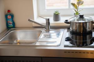 a kitchen sink with a pot on a stove at BACCO Bed & Breakfast in Rotenburg an der Fulda +52 photos