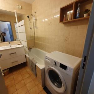 ein Badezimmer mit einer Waschmaschine und einem Waschbecken in der Unterkunft Studio Hyper centre Valberg in Valberg