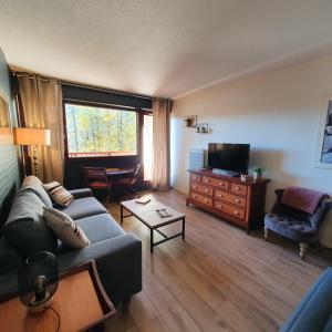 a living room with a couch and a tv at Studio Hyper centre Valberg in Valberg