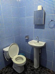 Baño de azulejos azules con aseo y lavamanos en Pousada Canto das Araras - Vila Bom Jardim Nobres MT, en Nobres